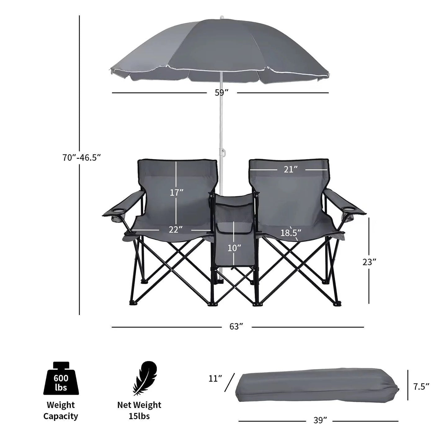 Portable Double Folding Beach Chair with Umbrella ©